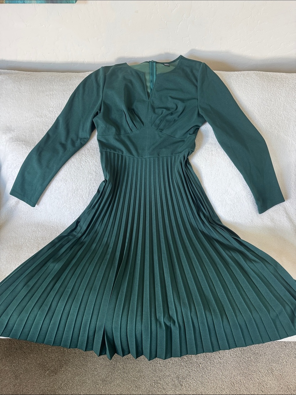 SHEIN Emerald Green Pleated Long Sleeve Midi Dress